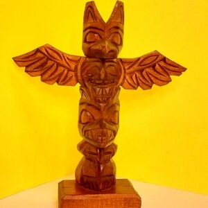 DANNY JAMES Carved & Stained Totem Pole Depicting Thunderbird & Bear 6.75 in. H.